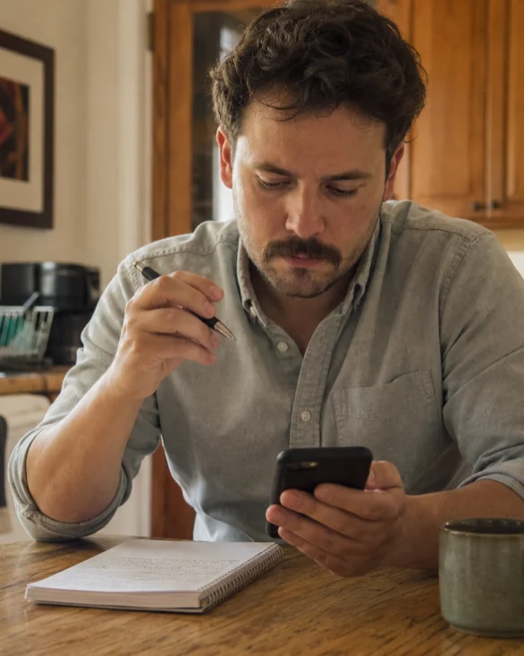 A homeowner comparing quotes on his phone at the kitchen table