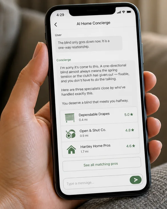The CribbFam AI Home Concierge chat with recommendations on a phone